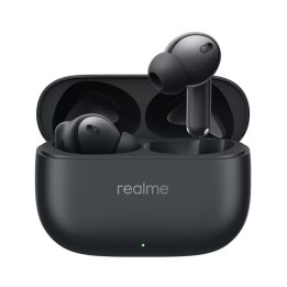 Boîtier de charge ouvert des Realme Buds T310 noirs, un écouteur logé dedans et l’autre en lévitation au-dessus