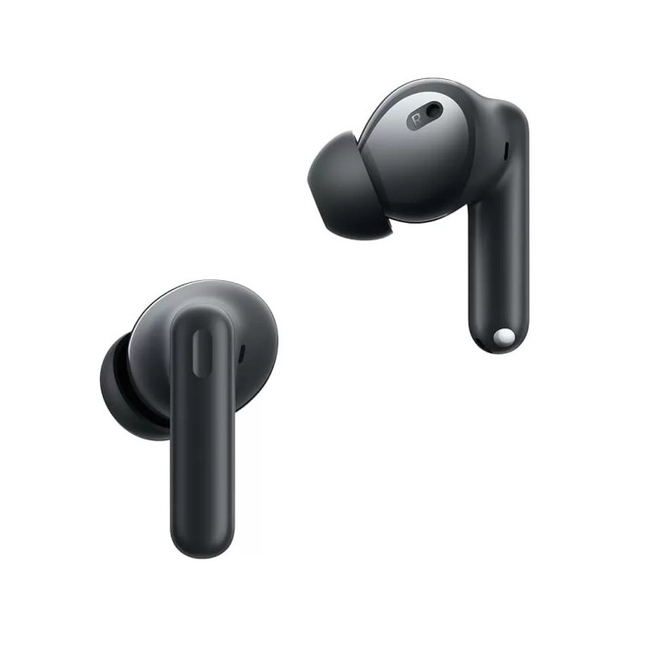 Les deux écouteurs Realme Buds T310 noirs sans leur boîtier, vus de trois quarts