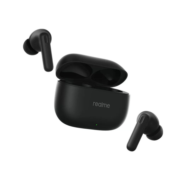 Boîtier de charge ouvert et vide des Realme Buds T310, les deux écouteurs flottant de part et d’autre