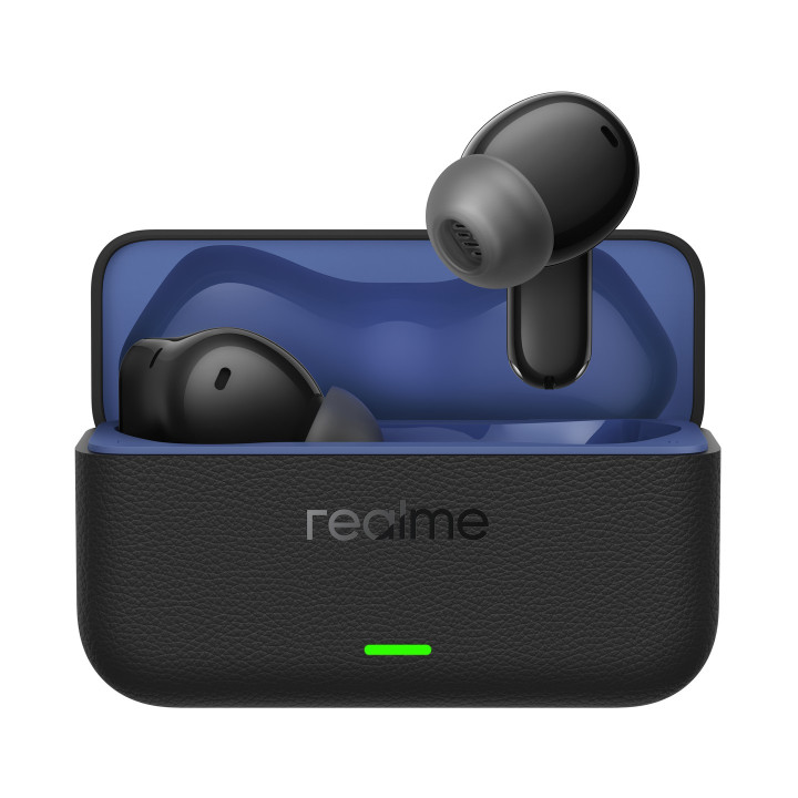 Écouteurs Realme Buds T500 Pro noirs : boîtier de charge ouvert à l’intérieur bleu, un écouteur en lévitation au-dessus