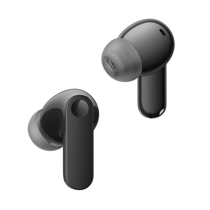 Les deux écouteurs Realme Buds T500 Pro noirs vus de trois quarts, embouts en silicone gris