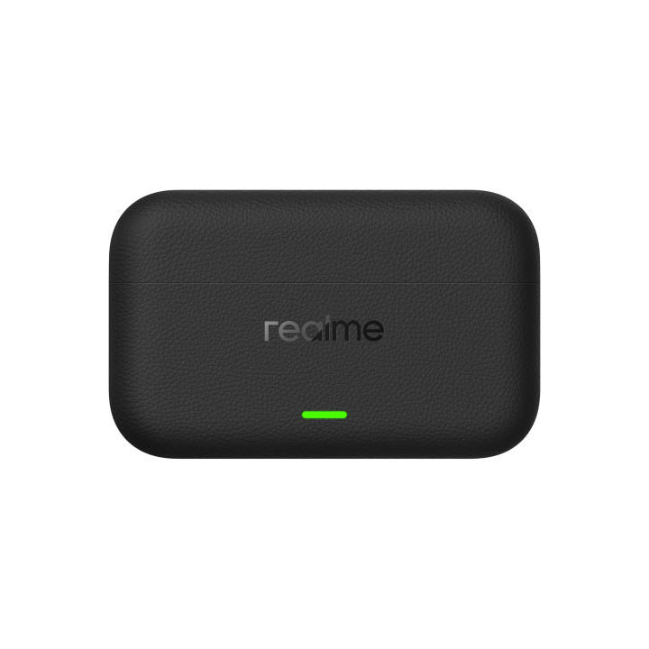 Boîtier de charge fermé des Realme Buds T500 Pro, logo realme et témoin de charge vert