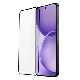 Verre trempé Dux Ducis à bords noirs en lévitation devant un Oppo Reno 16 affichant un fond d'écran violet
