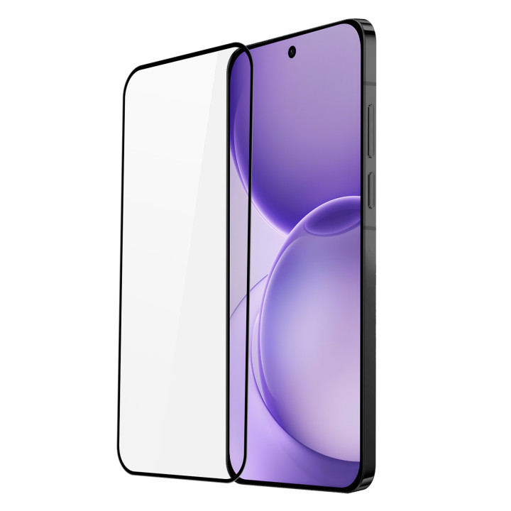 Verre trempé Dux Ducis à bords noirs en lévitation devant un Oppo Reno 16 affichant un fond d'écran violet