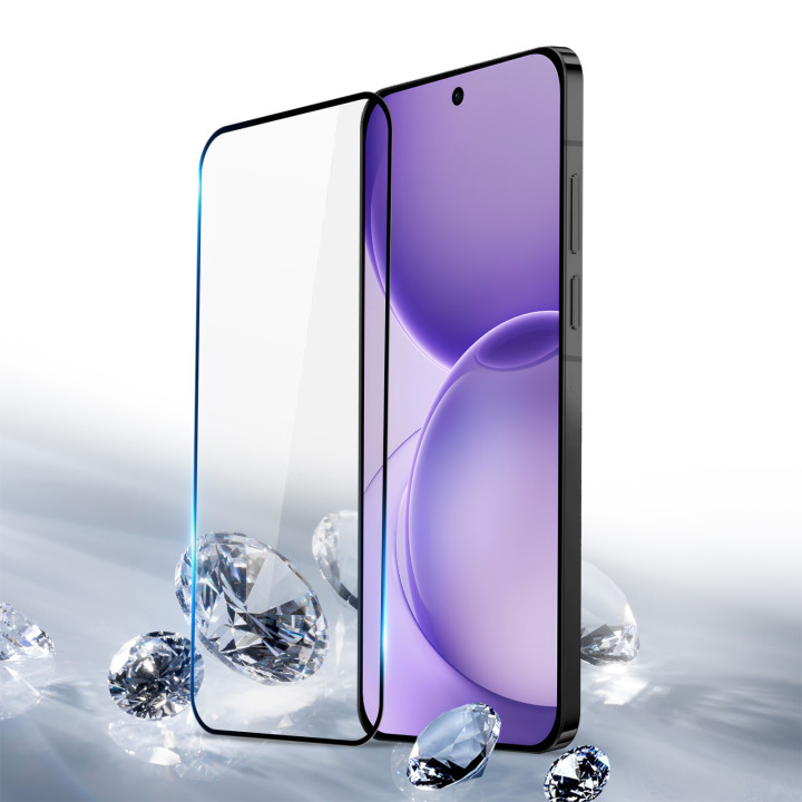 Le verre trempé dressé devant l Oppo Reno 16, entouré de diamants évoquant la dureté 9H