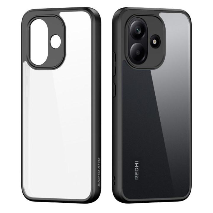 La coque vide à côté du téléphone équipé : dos translucide, bloc photo et contour noirs
