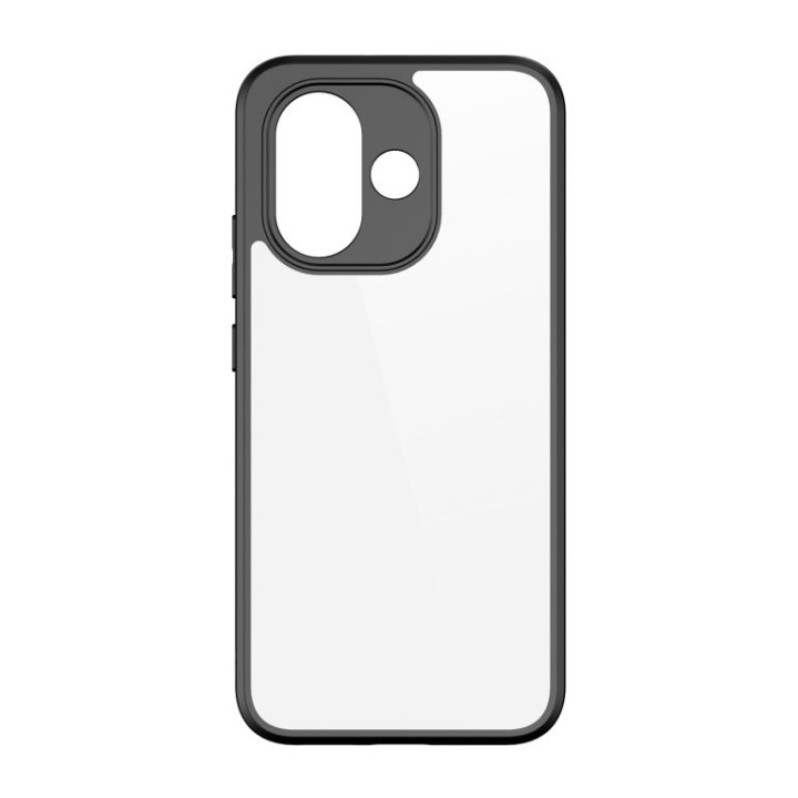 Coque seule vue de dos : dos transparent, découpe photo encadrée de noir, boutons latéraux recouverts
