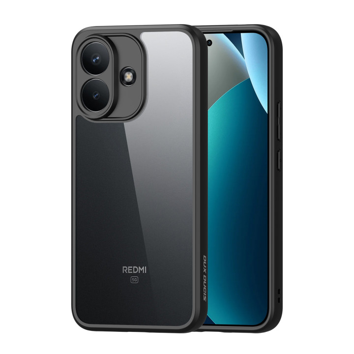 Redmi Note 17 Pro 5G noir dans sa coque Dux Ducis à dos transparent givré et contour noir, vu de dos et de profil