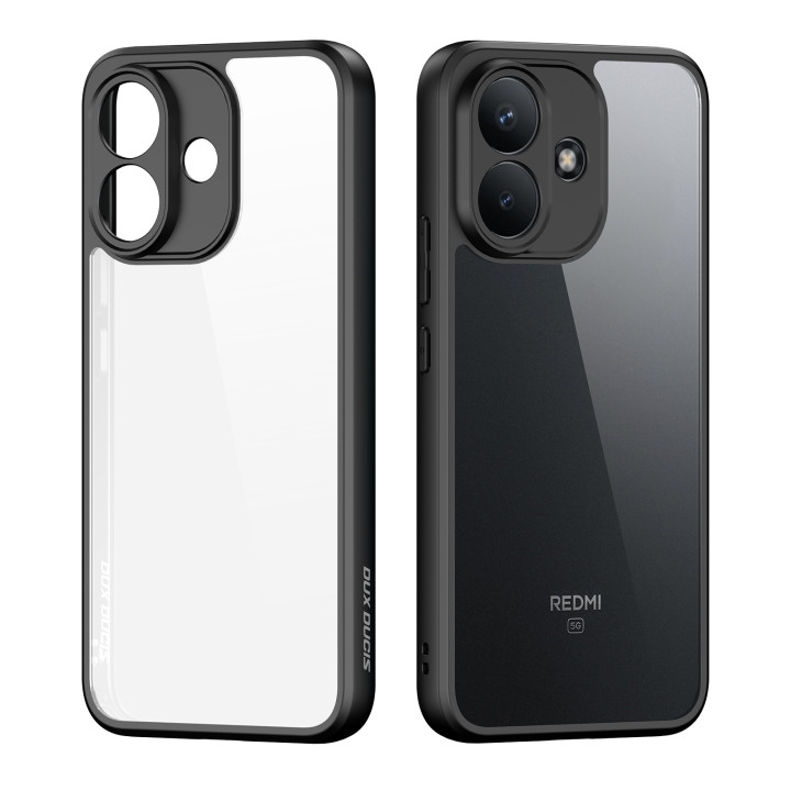 La coque vide à côté du téléphone équipé : dos translucide, double cerclage photo et contour noirs