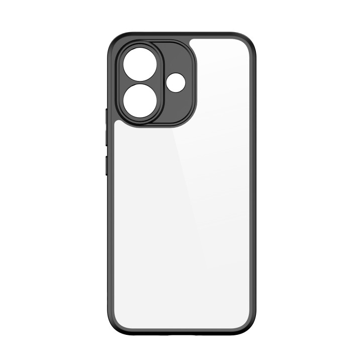 Coque seule vue de dos : dos transparent, découpes photo cerclées de noir, boutons latéraux recouverts