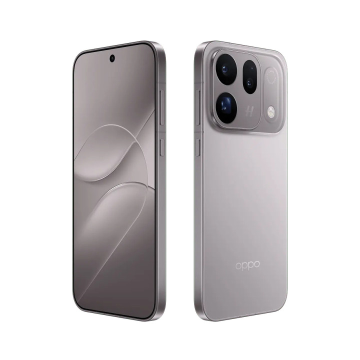Oppo Find X10 gris foncé vu de trois quarts, écran et dos avec son module photo