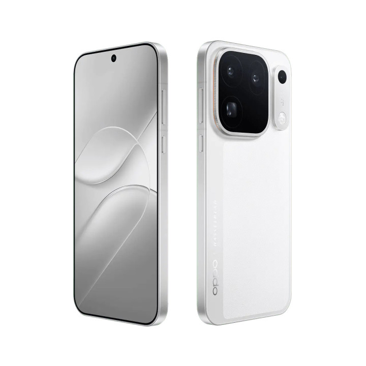 Oppo Find X10 Pro Max blanc vu de trois quarts, écran et dos avec son module photo