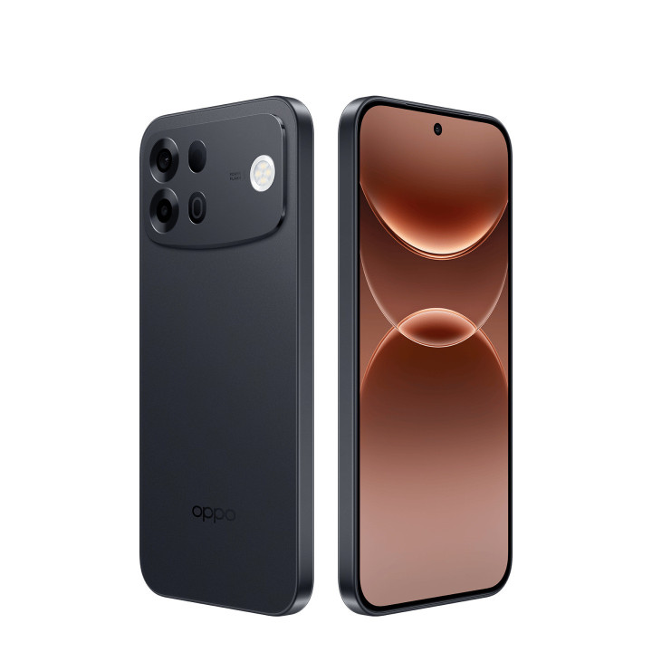 Oppo A7 Pro Max 5G noir vu de trois quarts, dos et écran AMOLED de 6,78 pouces