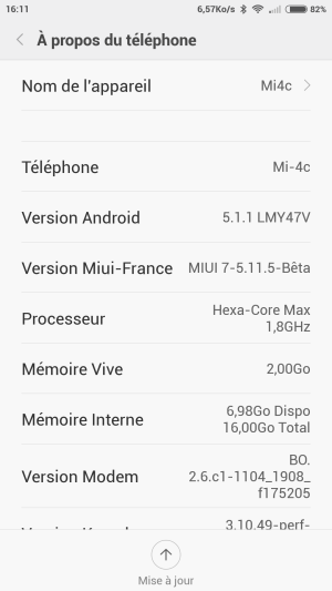 Menu "A propos" du Xiaomi Mi4c