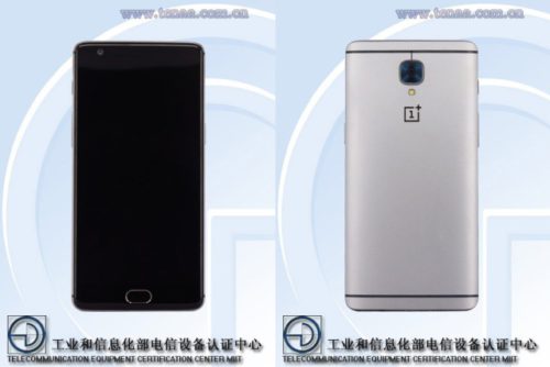 Deux clichés de certification chinoise du OnePlus 3, montrant l'écran éteint et le dos argenté