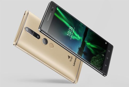 Le Lenovo Phab 2 Pro doré vu de dos et de face, écran allumé, avec son triple capteur photo