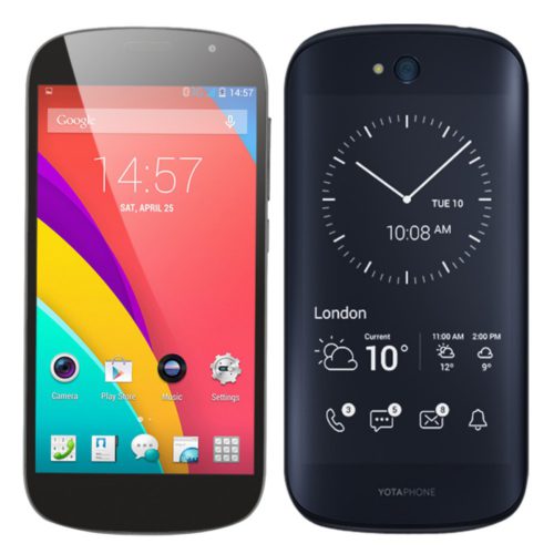 Le Yotaphone 2 vu de face avec son écran couleur, et de dos avec son second écran à encre électronique