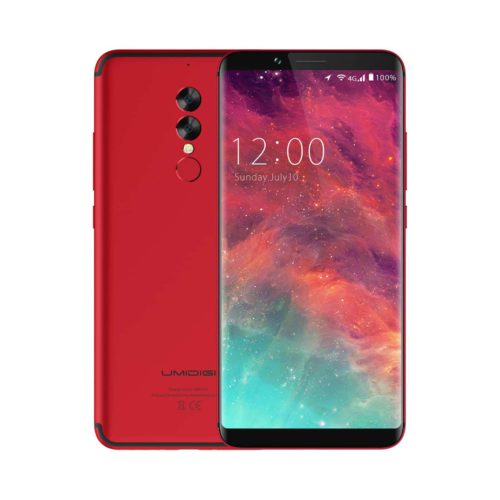 L'Umidigi S2 Pro rouge vu de dos et de face, écran allumé affichant 12:00 sur un fond coloré