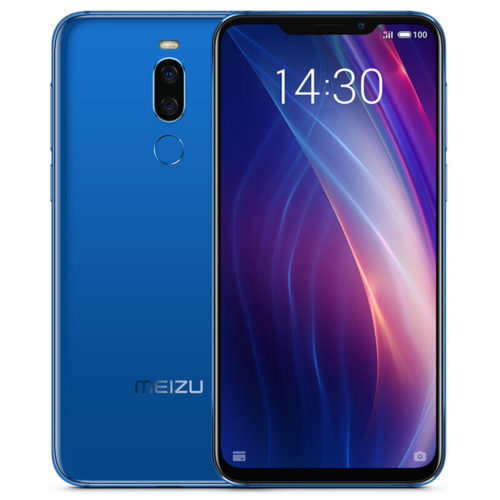 Le Meizu X8 bleu vu de face, écran allumé affichant 14:30, avec son capteur d'empreintes au dos