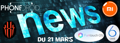 Bandeau PhoneDroid de la NewsDroid du 21 mars 2019, portant les logotypes des sujets de la semaine