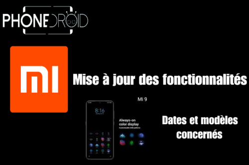 Visuel PhoneDroid sur une mise à jour Xiaomi : le logotype de la marque, un smartphone et la mention des dates et modèles concernés