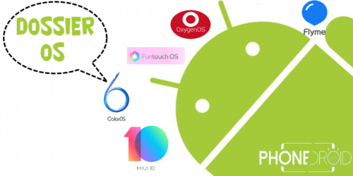 Visuel PhoneDroid « Dossier OS » : le robot Android entouré des logotypes MIUI, Funtouch OS, ColorOS et Flyme