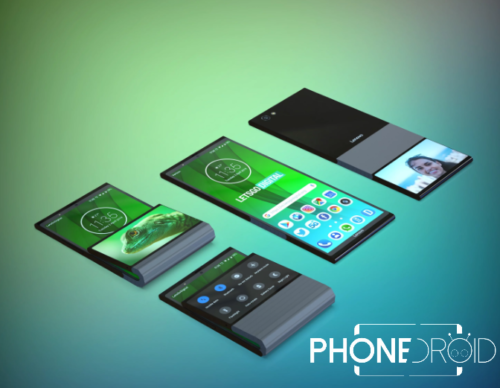 Concept Lenovo d'un smartphone pliable présenté sous plusieurs angles, plié et déplié, sur fond vert