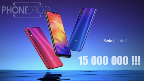 Visuel PhoneDroid célébrant 15 000 000 d'unités du Redmi Note 7 : deux appareils vus de dos et de face, en dégradé rouge et bleu