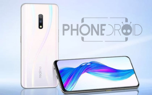 Le Realme X blanc nacré vu de dos et de face, écran allumé sur un fond d'écran en volutes