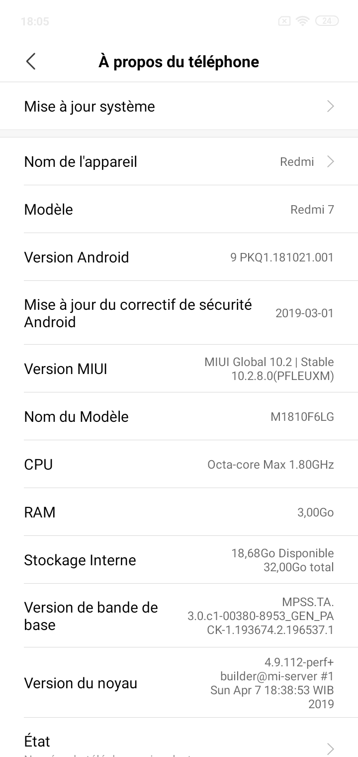 Spec du Redmi 7 de test