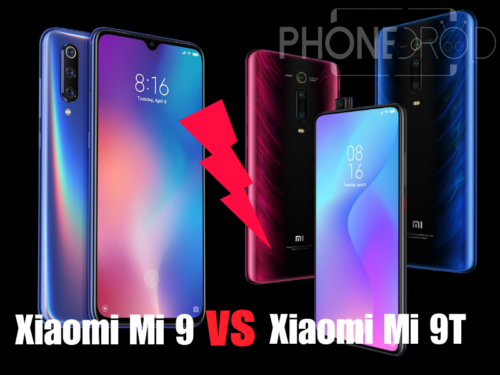 Visuel PhoneDroid opposant le Xiaomi Mi 9 et le Mi 9T : deux appareils de face séparés par un éclair rouge