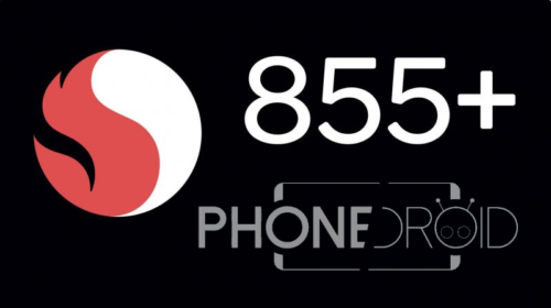 Vignette PhoneDroid annonçant le Snapdragon 855+ : le logotype Snapdragon et la mention 855+ sur fond noir