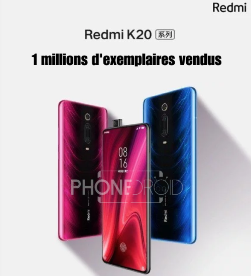 Visuel Redmi annonçant un million d'exemplaires vendus du K20, avec deux appareils vus de dos en rouge et bleu dégradés