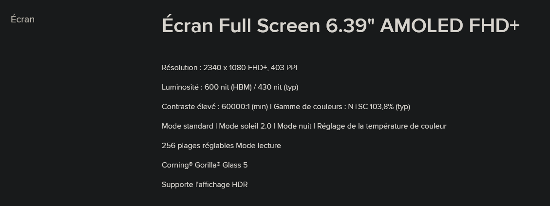 MI9 T caractéristiques de l'écran
