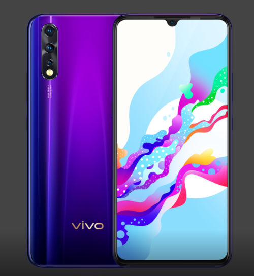 Le Vivo Z5 vu de face et de dos, en violet dégradé, écran affichant un fond d'écran coloré