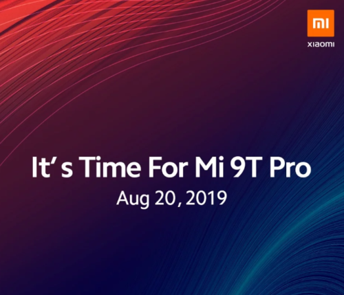 Affiche officielle Xiaomi annonçant « It's Time For Mi 9T Pro » pour le 20 août 2019, sur un fond rouge et bleu