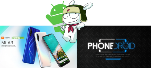 Vignette PhoneDroid du test du Xiaomi Mi A3 : trois appareils de dos et de face, à côté de la mascotte Mi Bunny