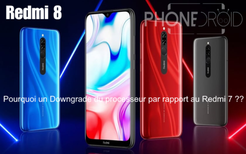 Visuel PhoneDroid consacré au Redmi 8 : quatre appareils vus de dos et de face, en bleu, rouge et noir