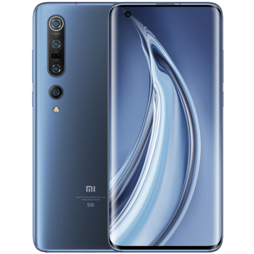 Le Xiaomi Mi 10 gris vu de dos avec son module photo vertical, et de face sur un fond d'écran en volutes