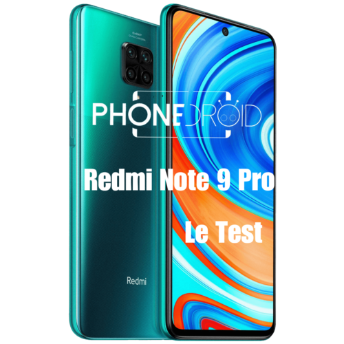 Vignette PhoneDroid du test du Redmi Note 9 Pro : l'appareil vu de dos en vert et de face, sous le titre du test