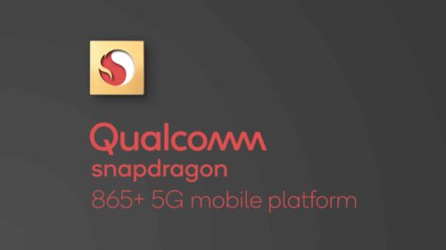 Bannière Qualcomm annonçant la plateforme mobile Snapdragon 865+ 5G, avec le badge Snapdragon sur fond gris foncé