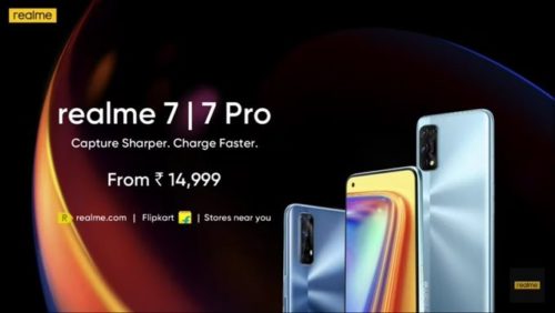 Bannière officielle Realme 7 et 7 Pro annonçant un prix de départ de 14 999 roupies, avec deux appareils vus de dos et de face