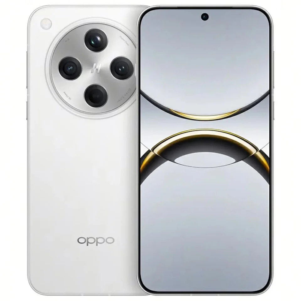 L'Oppo Find X8 blanc vu de dos avec son grand module photo circulaire, et de face, écran affichant des arcs dorés