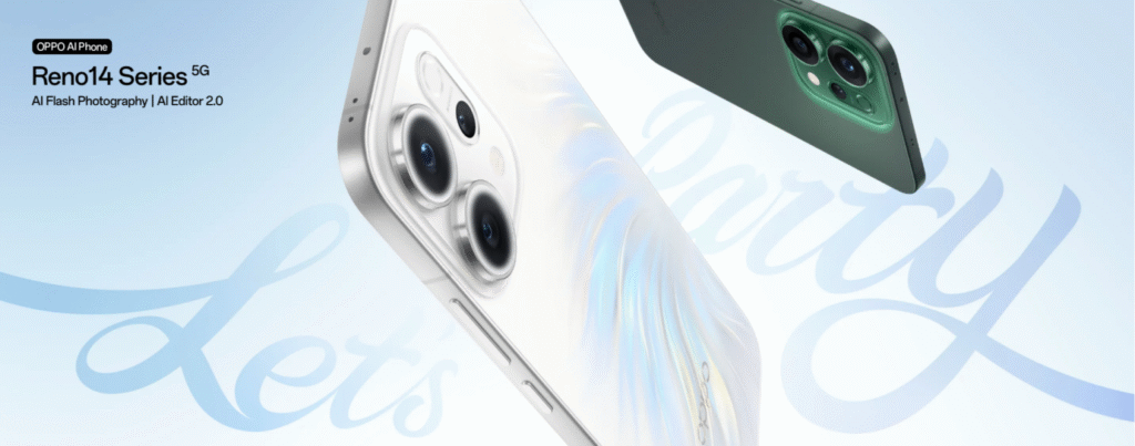 Bannière officielle de la série Oppo Reno 14 : deux appareils vus de dos, blanc et vert, avec leur module photo, sur un fond orné de calligraphies