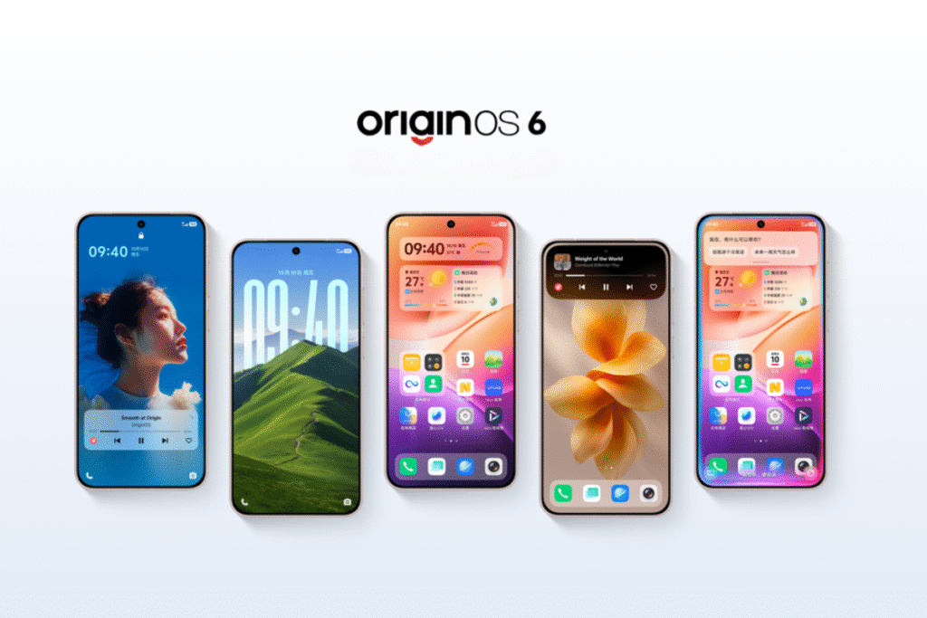 Visuel officiel d'OriginOS 6 : cinq écrans de téléphone alignés montrant différentes vues de l'interface, sous le logotype originOS 6