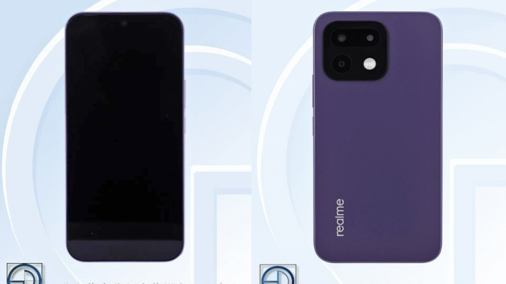Deux vues du Realme 16 Pro issues d'un dossier de certification : l'écran éteint de face, et le dos violet avec son module photo carré