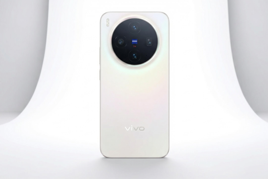 Le Vivo X300 blanc vu de dos sur un fond de tissu clair, avec son grand module photo circulaire