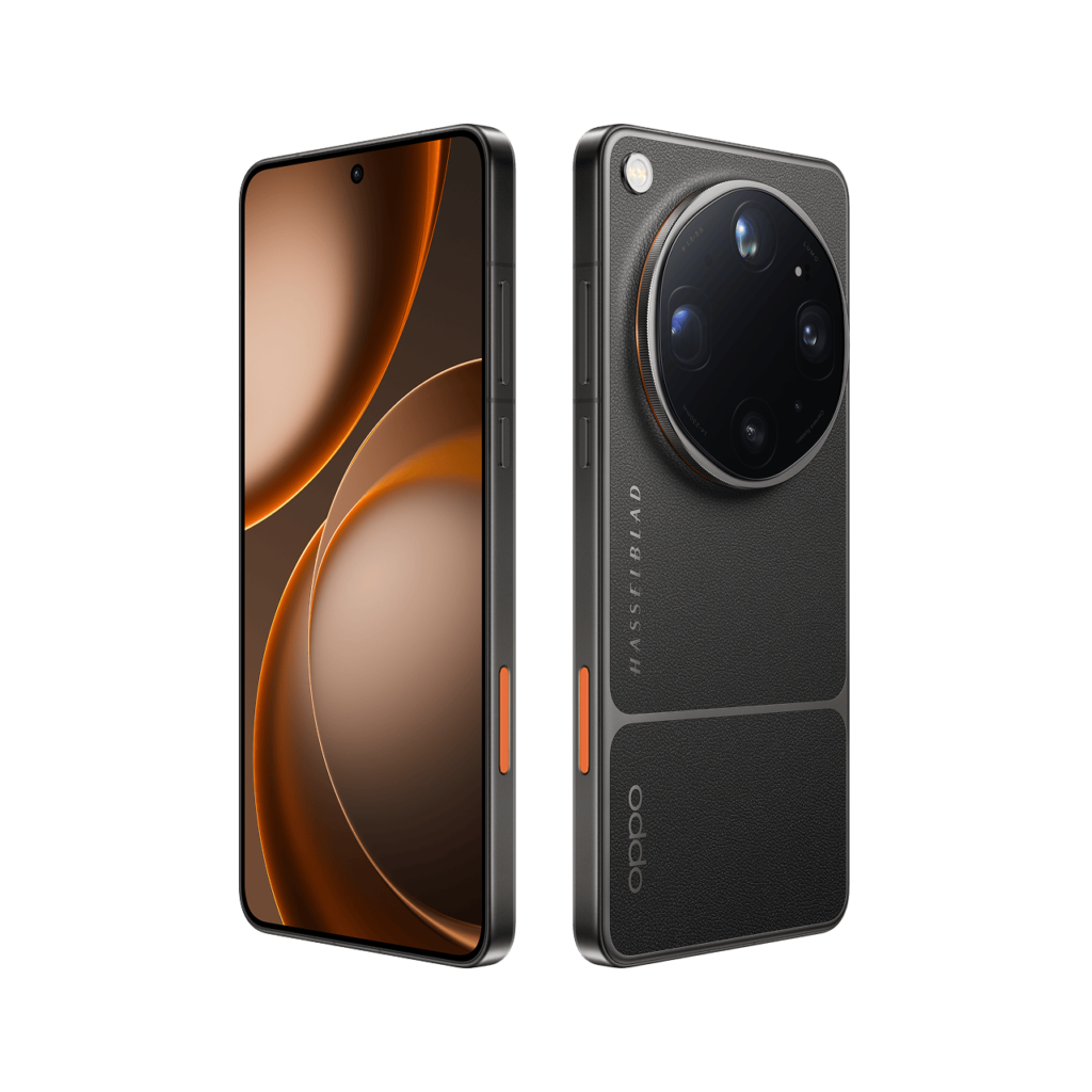 L'Oppo Find X9 Ultra noir vu de face, écran allumé sur un fond orange, et de dos, avec son module photo carré à quatre objectifs