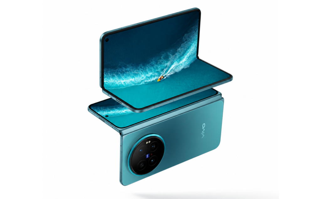 Le Vivo X Fold 6 bleu-vert entrouvert, montrant à la fois son écran interne et son dos avec le module photo circulaire