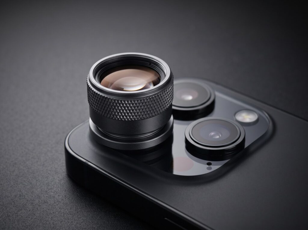 Illustration générée : téléconvertisseur optique amovible fixé sur le module photo arrière d'un smartphone